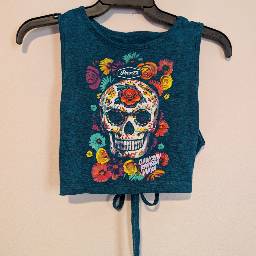 Teal Floral Skull Women's Crop Top